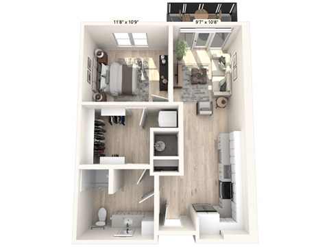 Floor plan for 1 bed, 1 bath, 674 sqft